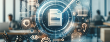 Conceptual image representing research document registration, featuring abstract elements like documents, digital connections, and academic symbols